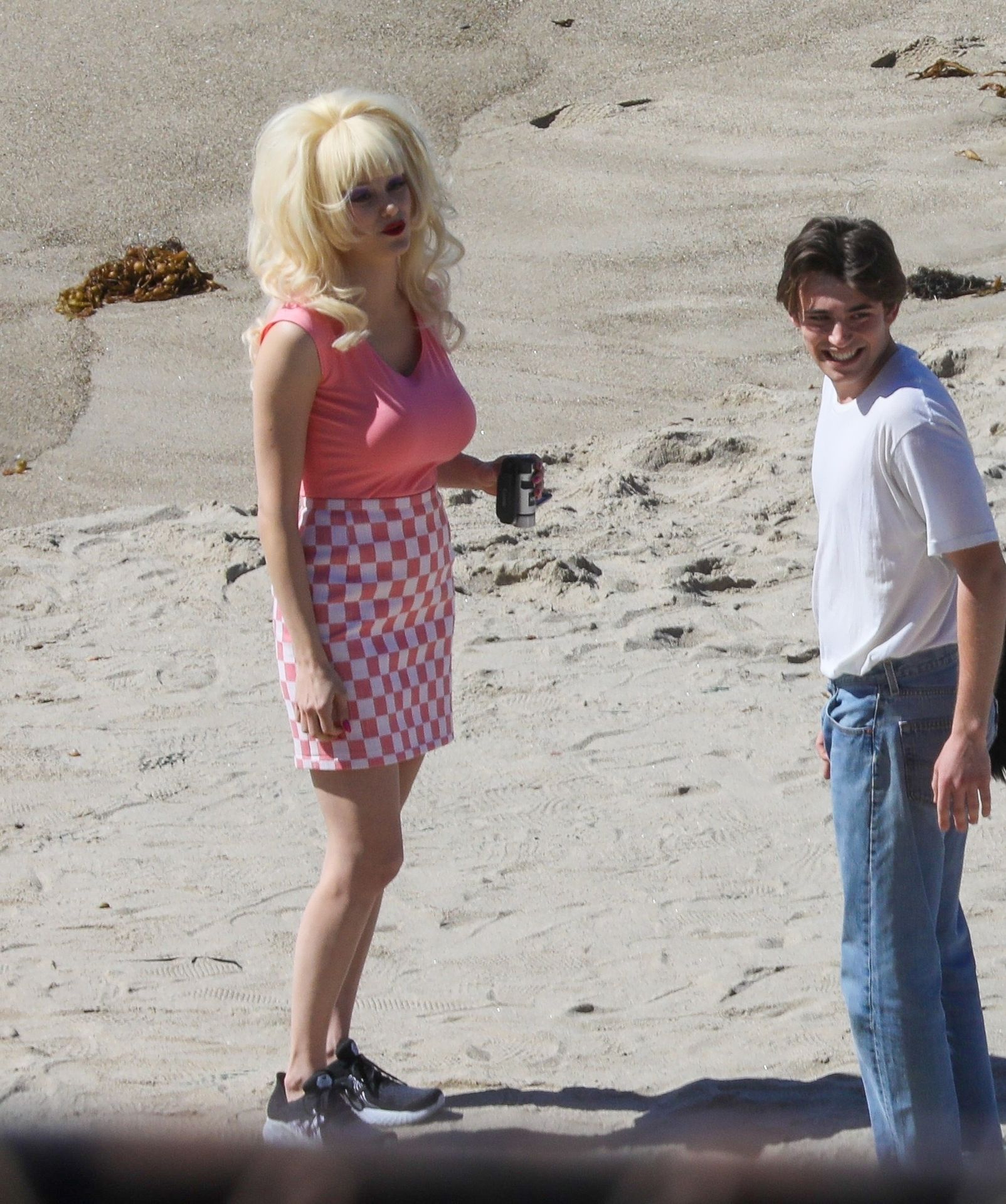 Emmy Rossum Films Scenes As The Iconic Angelyne On The Beach In Malibu 0005