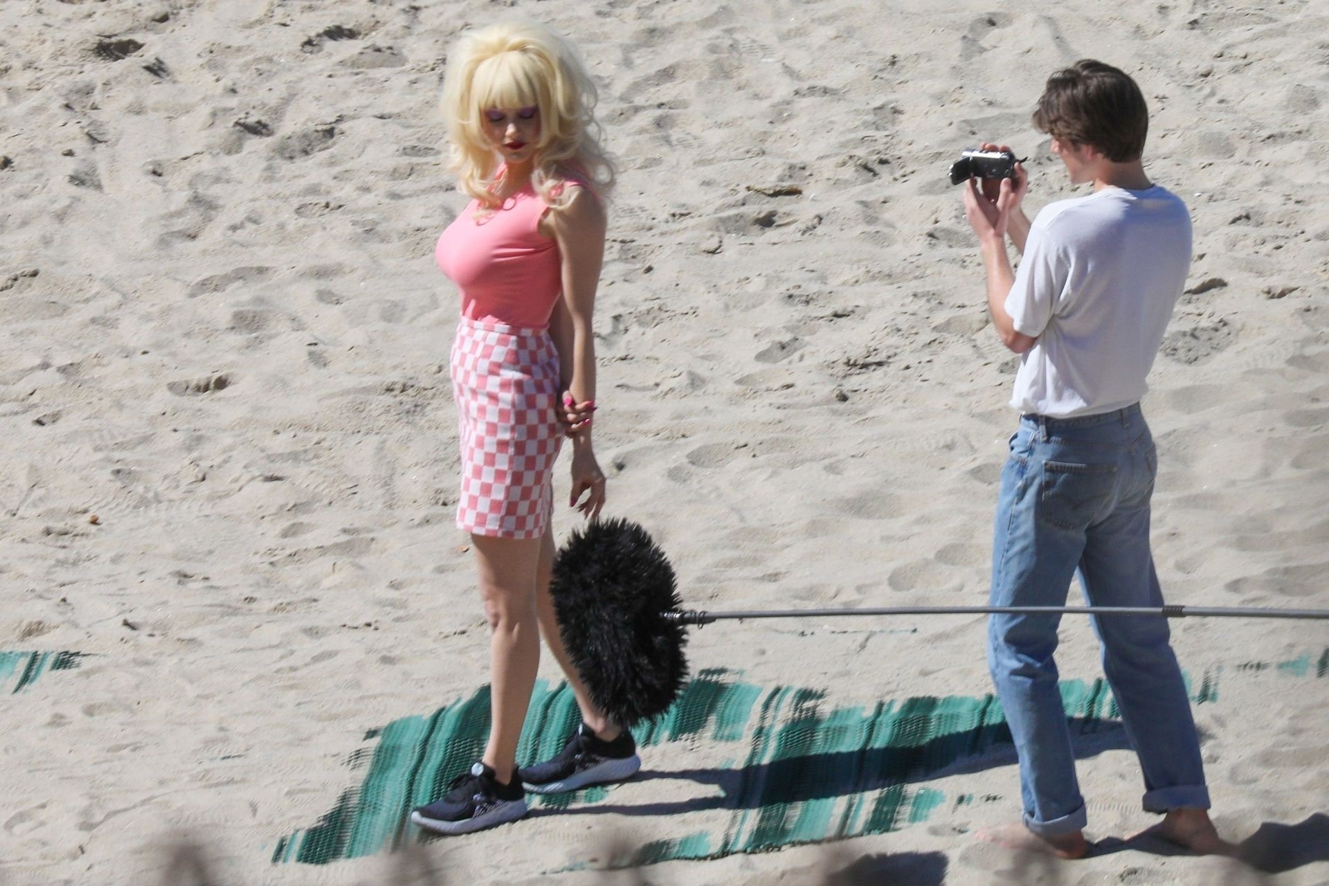 Emmy Rossum Films Scenes As The Iconic Angelyne On The Beach In Malibu 0023