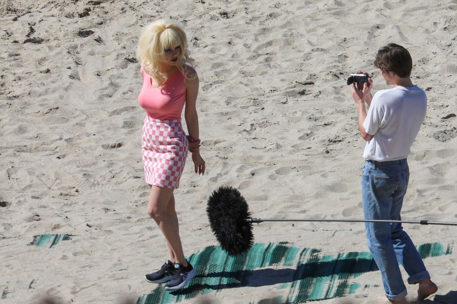 Emmy Rossum Films Scenes As The Iconic Angelyne On The Beach In Malibu 0025