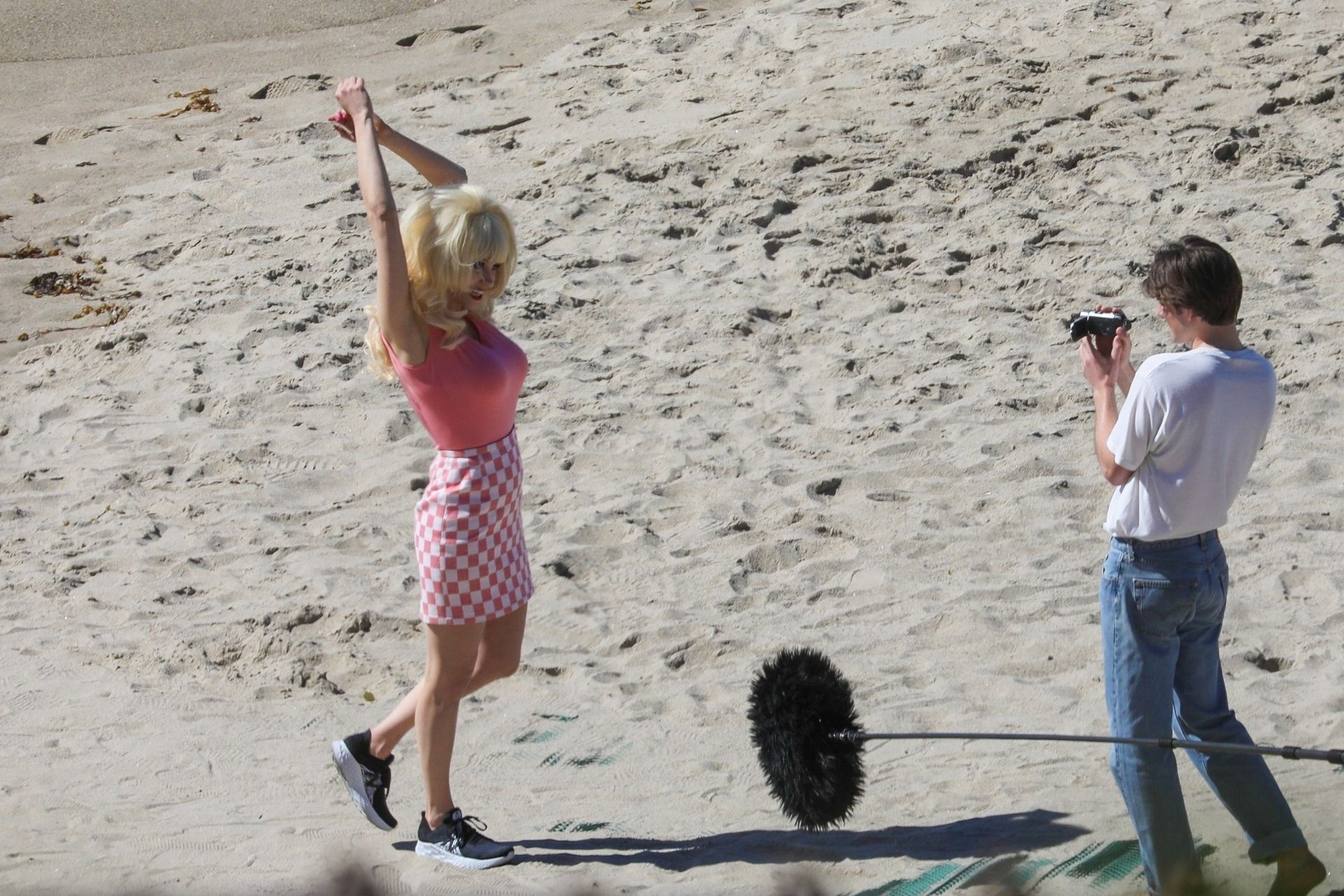 Emmy Rossum Films Scenes As The Iconic Angelyne On The Beach In Malibu 0028