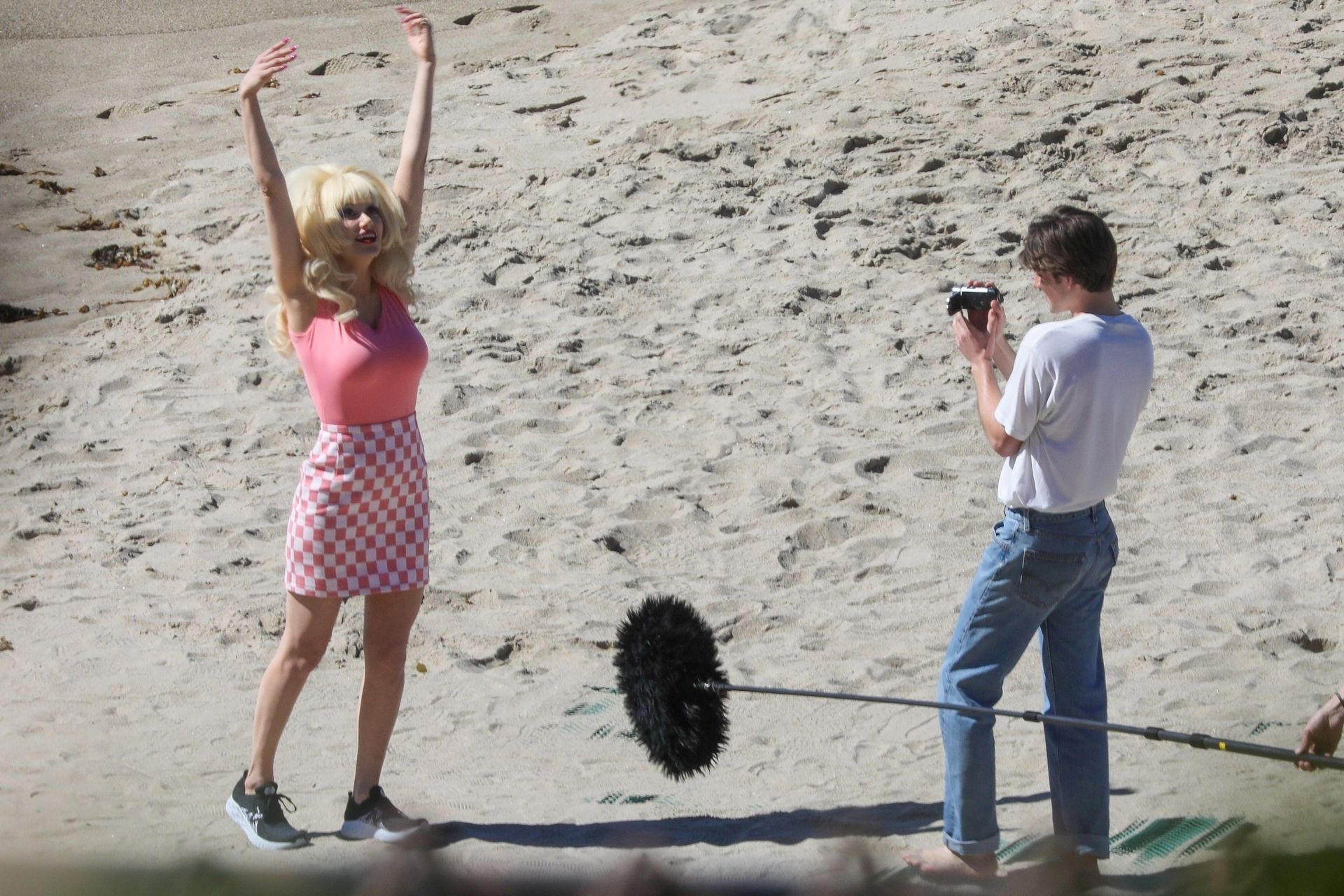 Emmy Rossum Films Scenes As The Iconic Angelyne On The Beach In Malibu 0029