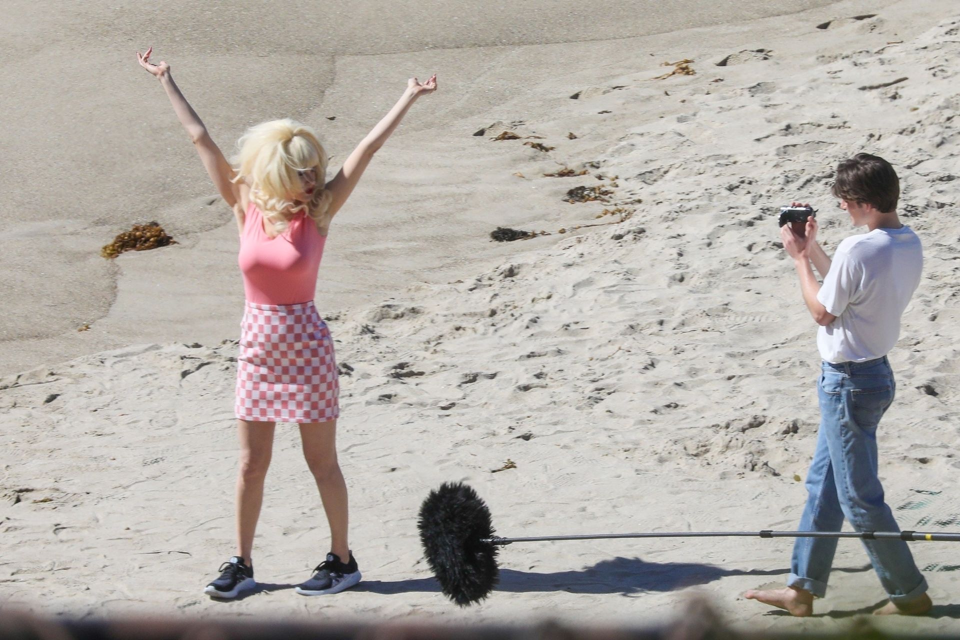 Emmy Rossum Films Scenes As The Iconic Angelyne On The Beach In Malibu 0030