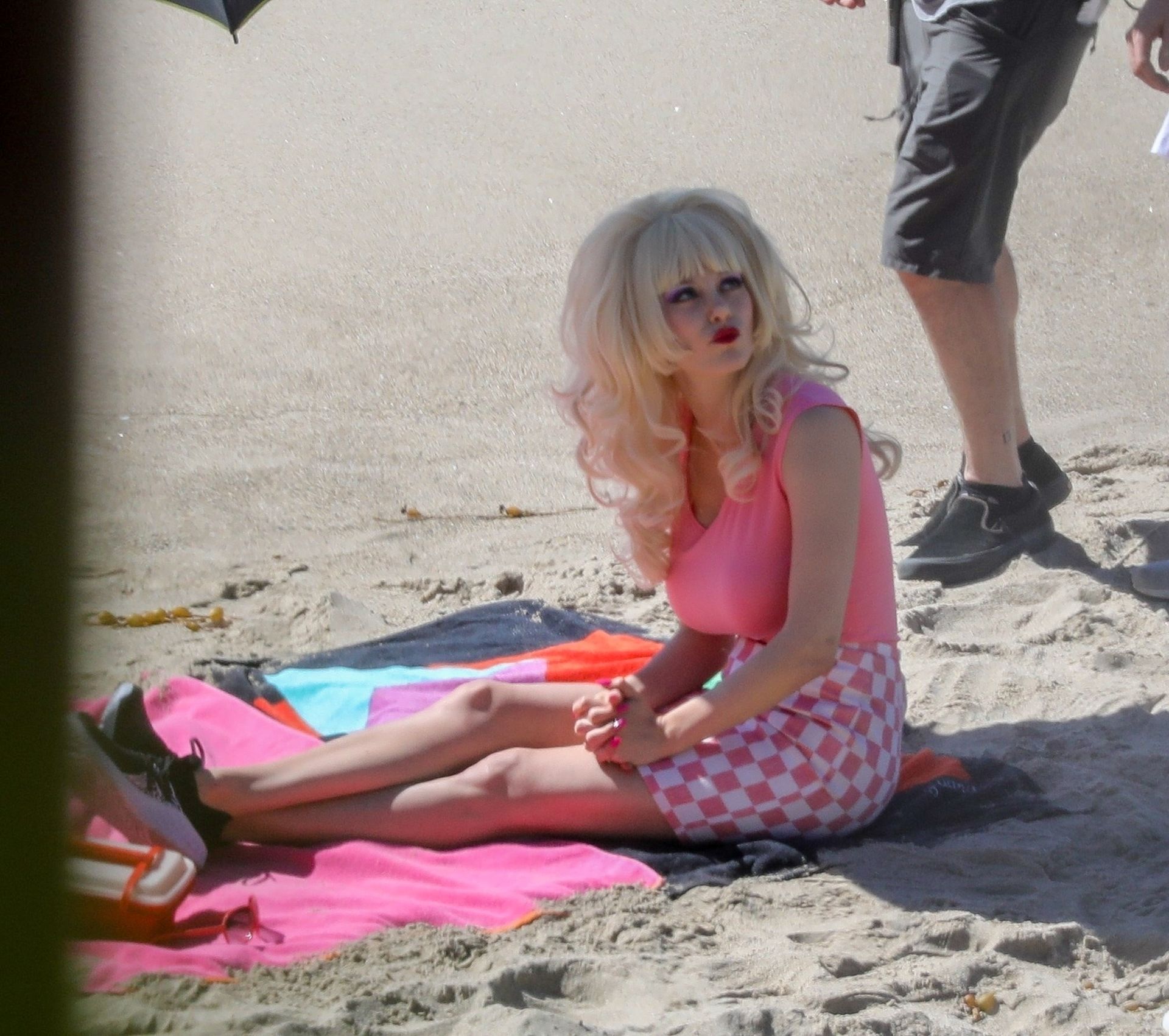 Emmy Rossum Films Scenes As The Iconic Angelyne On The Beach In Malibu 0059